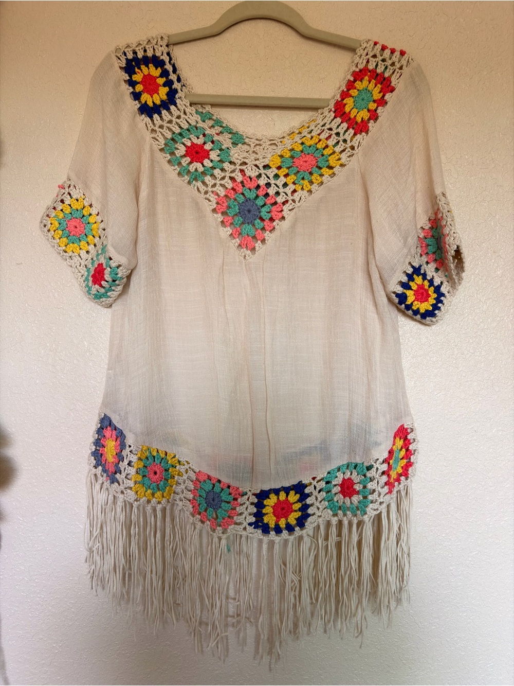 White Crochet Trim Fringe Tunic with Multicolor Accents